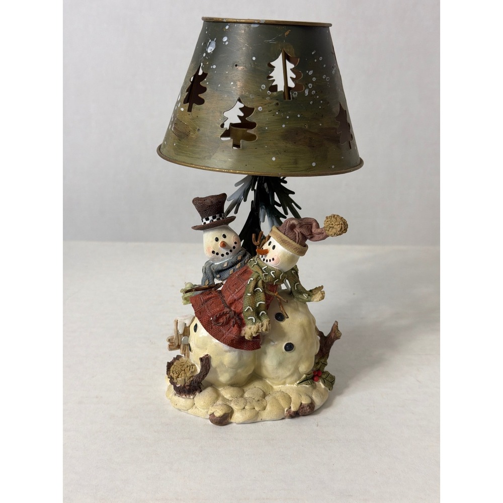 Rustic Snowman Tea Light Candle Holder with Metal Tree Cutout Shade Winter